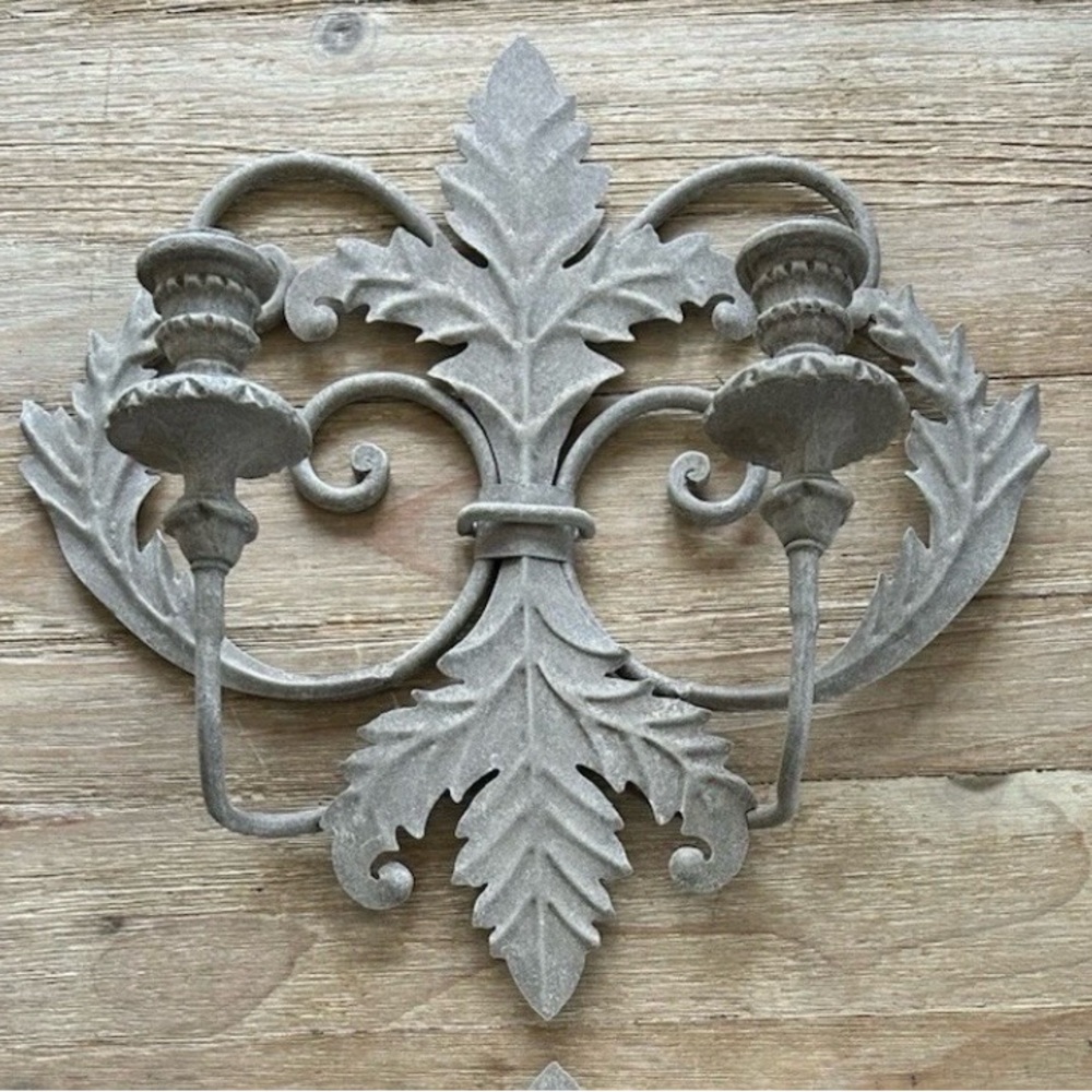 Fleur De Lis Wall Sconces Taper Candle Holder Metal Iron Coated Taupe 15”